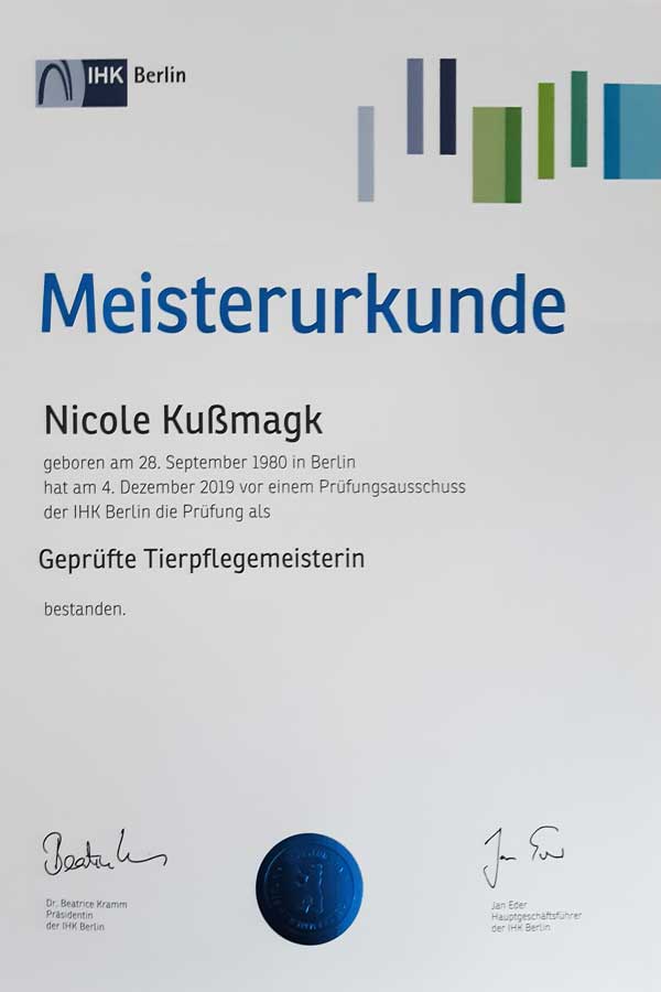 Meisterurkunde Geprüfte Tierpflegemeisterin
