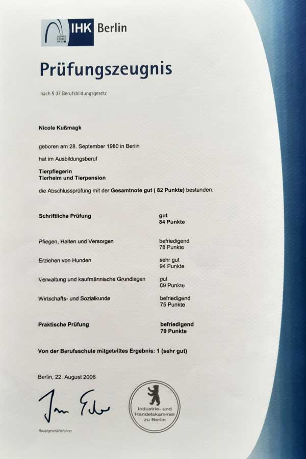 Prüfungszeugnis Tierpflegerin (Tierheim & Tierpension)